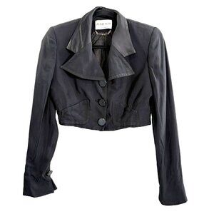 Vtg ANNIE REVA Women Long Sleeve Crop Blazer Buttons Collared Sz XS/S Black 79-5